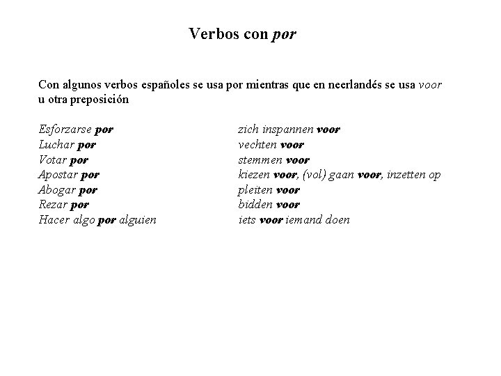 Verbos con por Con algunos verbos españoles se usa por mientras que en neerlandés