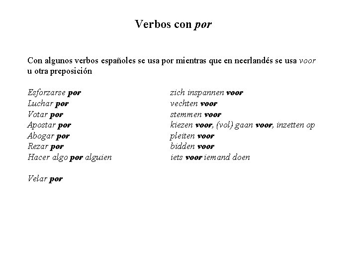 Verbos con por Con algunos verbos españoles se usa por mientras que en neerlandés