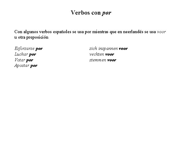 Verbos con por Con algunos verbos españoles se usa por mientras que en neerlandés