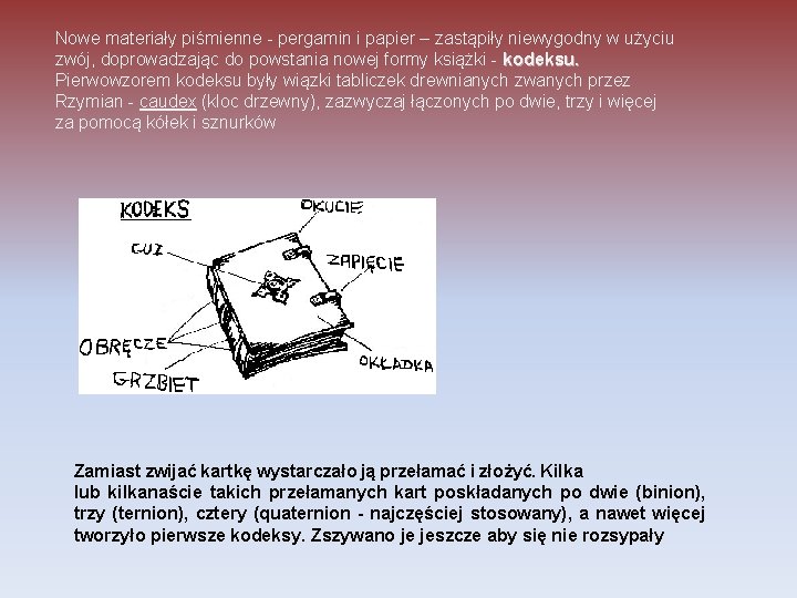 Nowe materiały piśmienne - pergamin i papier – zastąpiły niewygodny w użyciu zwój, doprowadzając