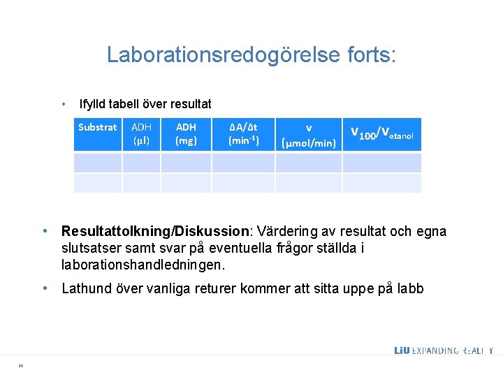 Laborationsredogörelse forts: • Ifylld tabell över resultat Substrat ADH (µl) ADH (mg) ∆A/∆t (min-1)