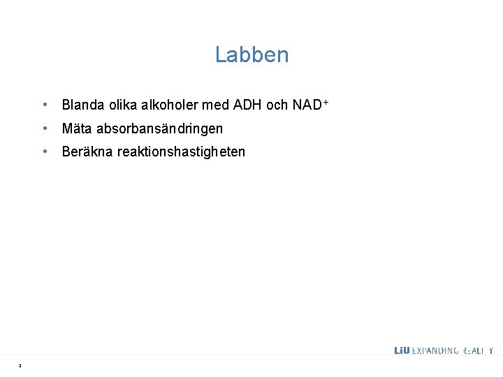 Labben • Blanda olika alkoholer med ADH och NAD+ • Mäta absorbansändringen • Beräkna