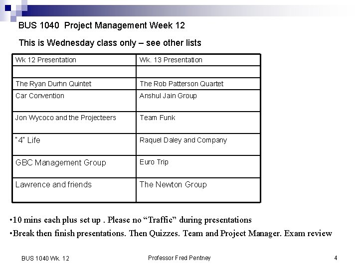 BUS 1040 Project Management Week 12 This is Wednesday class only – see other