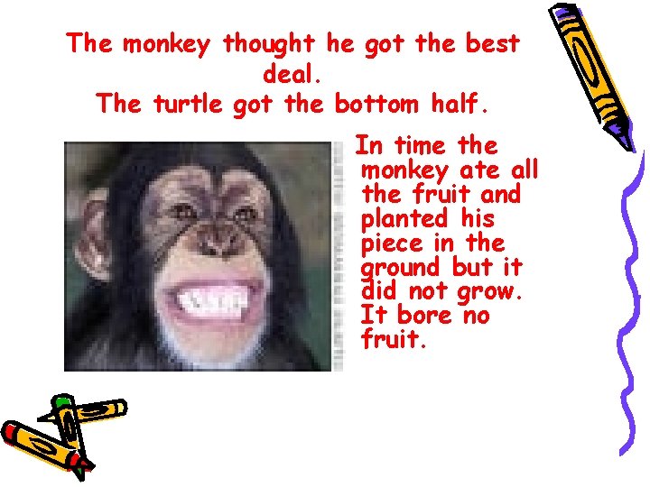 The monkey thought he got the best deal. The turtle got the bottom half.