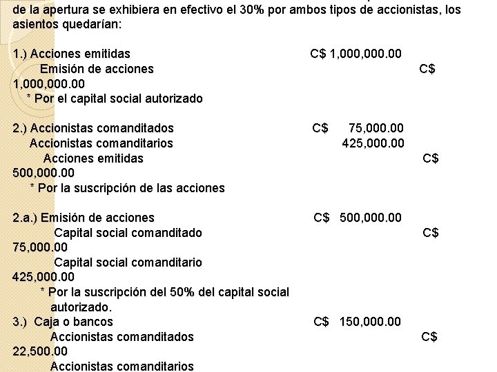 de la apertura se exhibiera en efectivo el 30% por ambos tipos de accionistas,