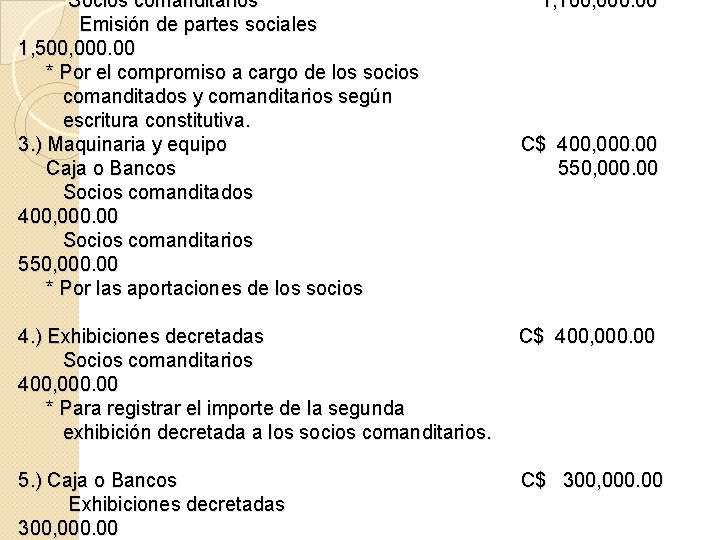 Socios comanditarios Emisión de partes sociales 1, 500, 000. 00 * Por el compromiso