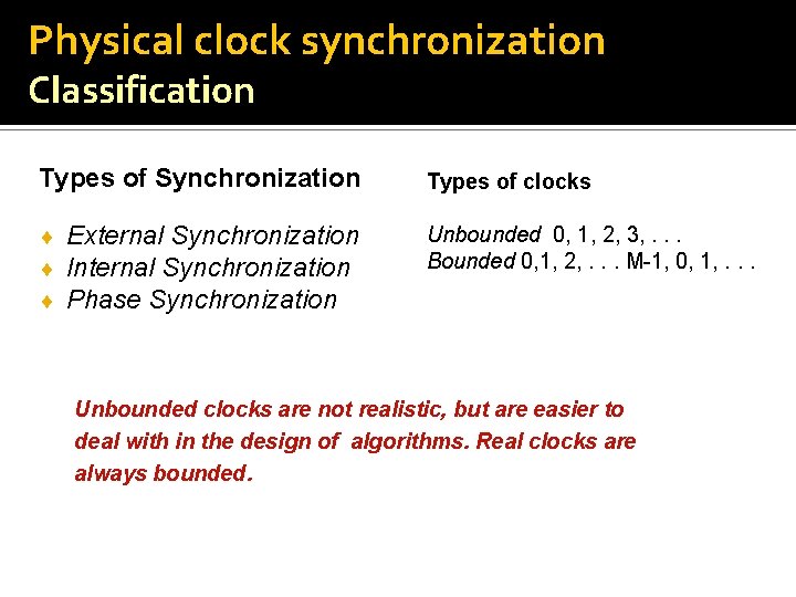 Physical clock synchronization Classification Types of Synchronization ¨ ¨ ¨ External Synchronization Internal Synchronization