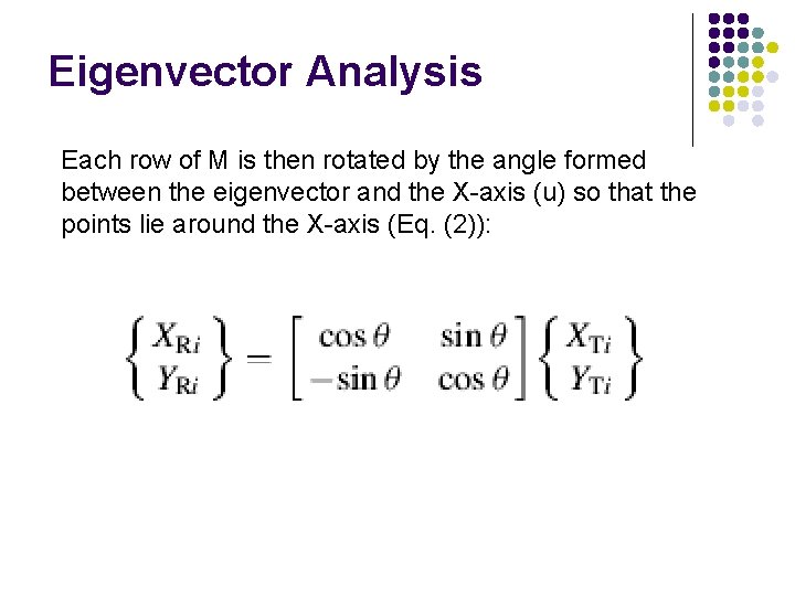 Eigenvector Analysis Each row of M is then rotated by the angle formed between