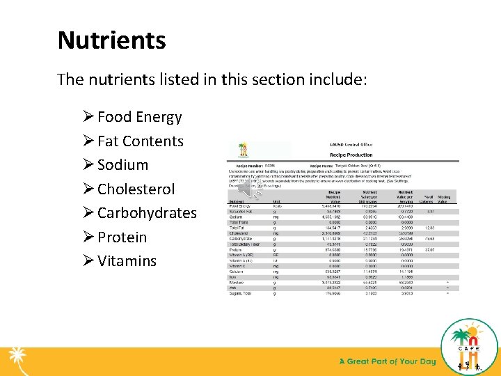 Nutrients The nutrients listed in this section include: Ø Food Energy Ø Fat Contents