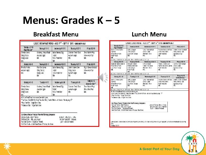 Menus: Grades K – 5 Breakfast Menu Lunch Menu 