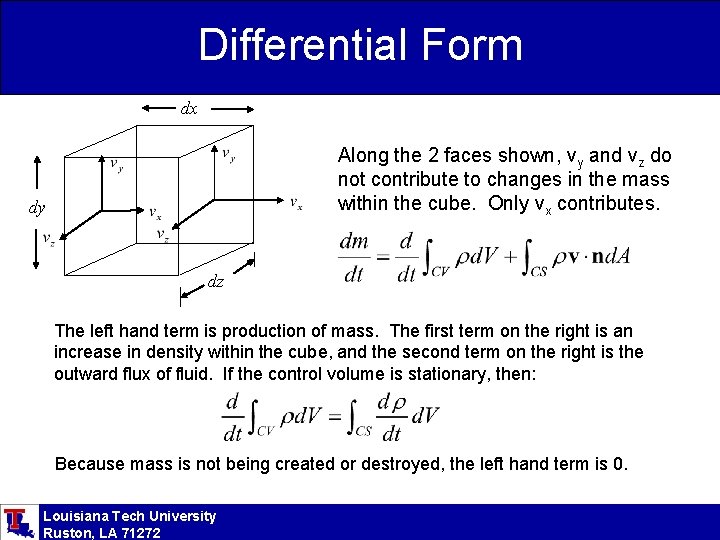 Differential Form dx Along the 2 faces shown, vy and vz do not contribute