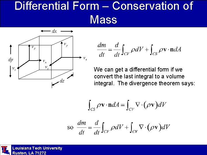 Differential Form – Conservation of Mass dx dy dz Louisiana Tech University Ruston, LA