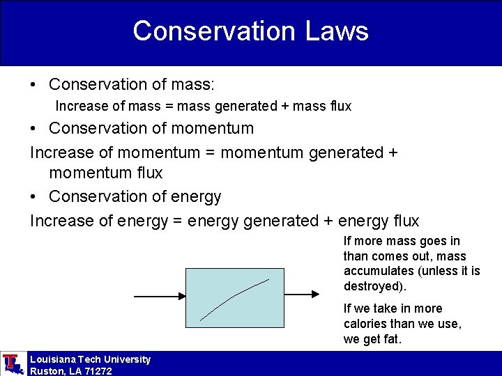 Conservation Laws • Conservation of mass: Increase of mass = mass generated + mass