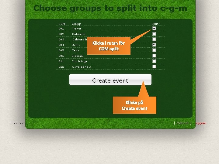 Klicka i rutan för CGM-split Klicka på Create event www. slanfan. com/stocktaking 