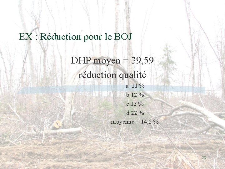 EX : Réduction pour le BOJ DHP moyen = 39, 59 réduction qualité a