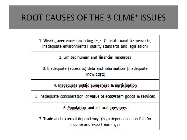 ROOT CAUSES OF THE 3 CLME+ ISSUES 