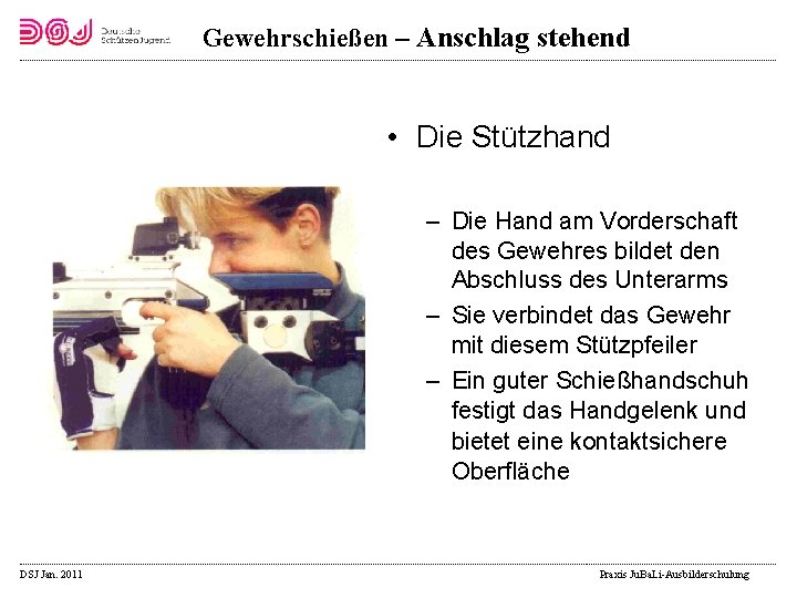 Gewehrschießen – Anschlag stehend • Die Stützhand – Die Hand am Vorderschaft des Gewehres