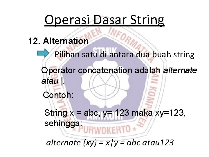 Operasi Dasar String 12. Alternation Pilihan satu di antara dua buah string Operator concatenation Operasi Dasar String 12. Alternation Pilihan satu di antara dua buah string Operator concatenation
