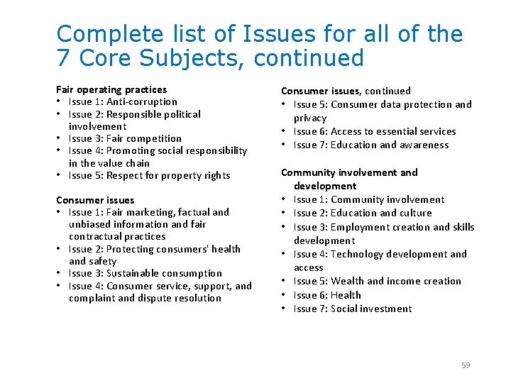 Complete list of Issues for all of the 7 Core Subjects, continued Fair operating