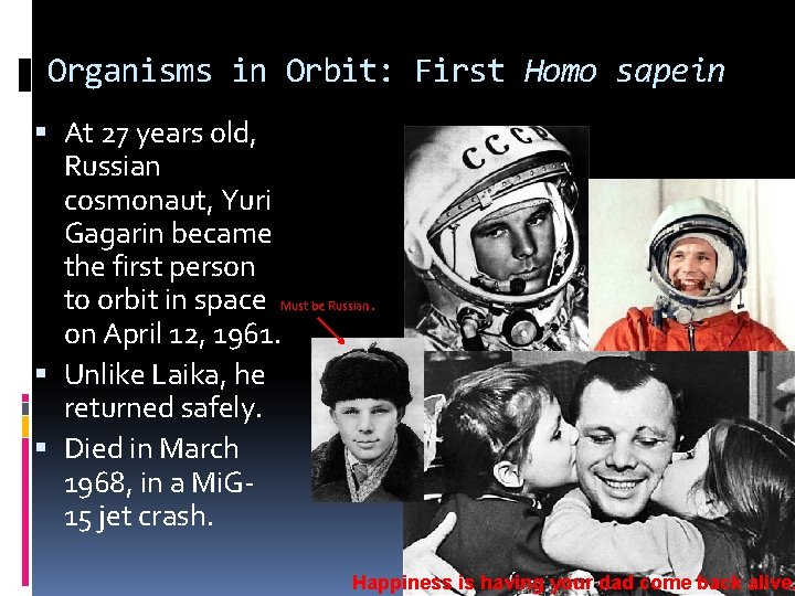 Organisms in Orbit: First Homo sapein At 27 years old, Russian cosmonaut, Yuri Gagarin