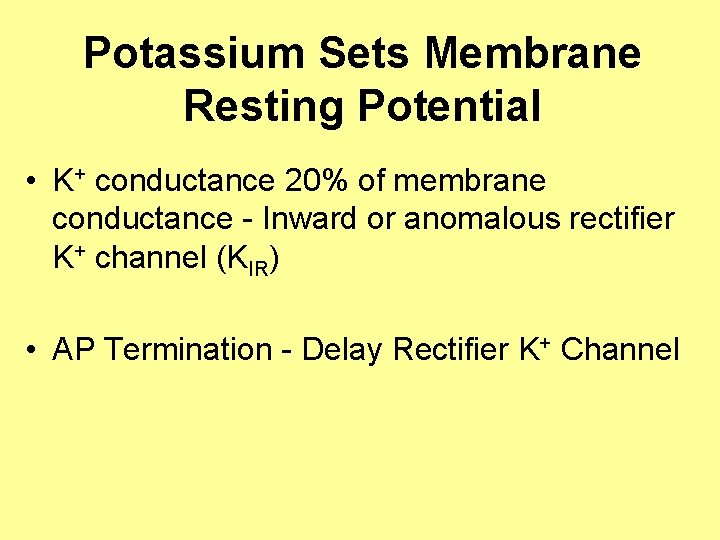 Potassium Sets Membrane Resting Potential • K+ conductance 20% of membrane conductance - Inward