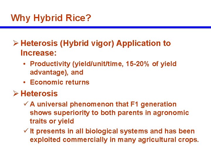 Why Hybrid Rice? Ø Heterosis (Hybrid vigor) Application to Increase: • Productivity (yield/unit/time, 15