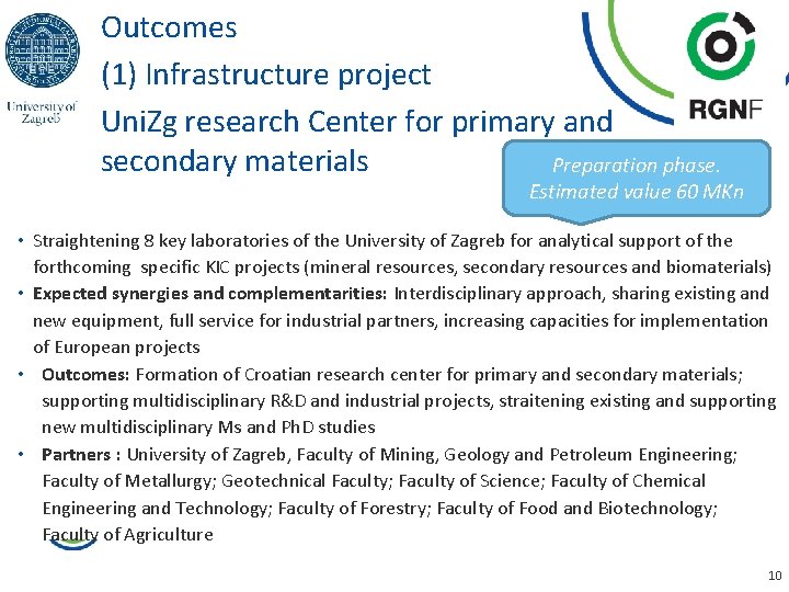 Outcomes (1) Infrastructure project Uni. Zg research Center for primary and secondary materials Preparation