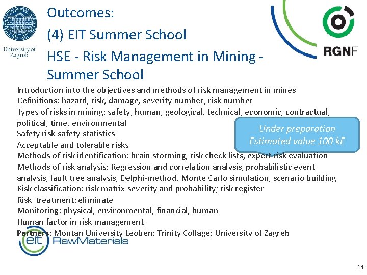 Outcomes: (4) EIT Summer School HSE - Risk Management in Mining Summer School Introduction