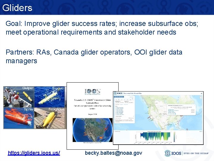 Gliders Goal: Improve glider success rates; increase subsurface obs; meet operational requirements and stakeholder