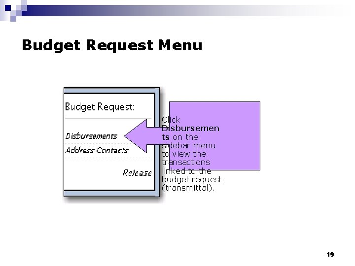Budget Request Menu Click Disbursemen ts on the sidebar menu to view the transactions