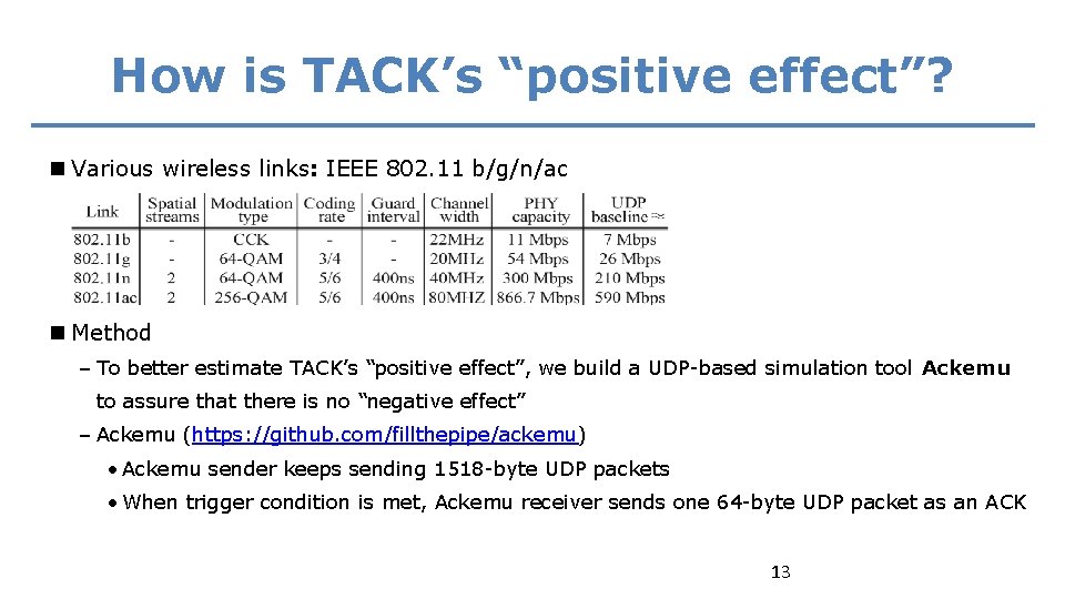 How is TACK’s “positive effect”? n Various wireless links: IEEE 802. 11 b/g/n/ac n