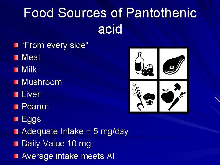 Food Sources of Pantothenic acid “From every side” Meat Milk Mushroom Liver Peanut Eggs