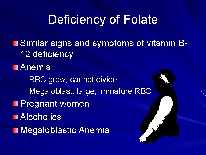 Deficiency of Folate Similar signs and symptoms of vitamin B 12 deficiency Anemia –