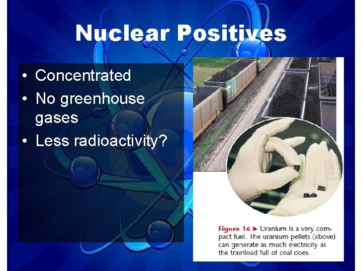 Nuclear Positives • Concentrated • No greenhouse gases • Less radioactivity? 
