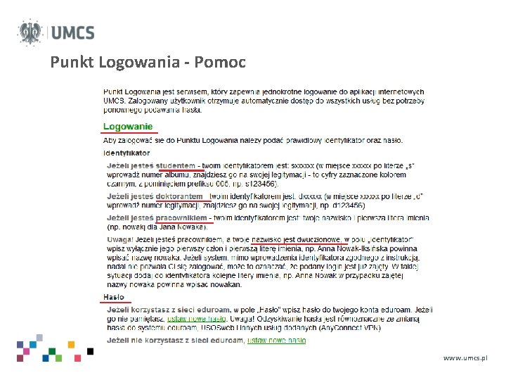Punkt Logowania - Pomoc www. umcs. pl 