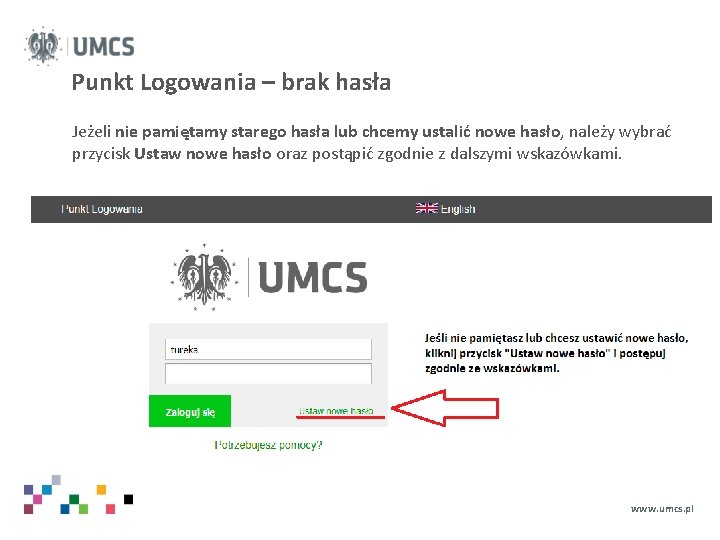 Punkt Logowania – brak hasła Jeżeli nie pamiętamy starego hasła lub chcemy ustalić nowe