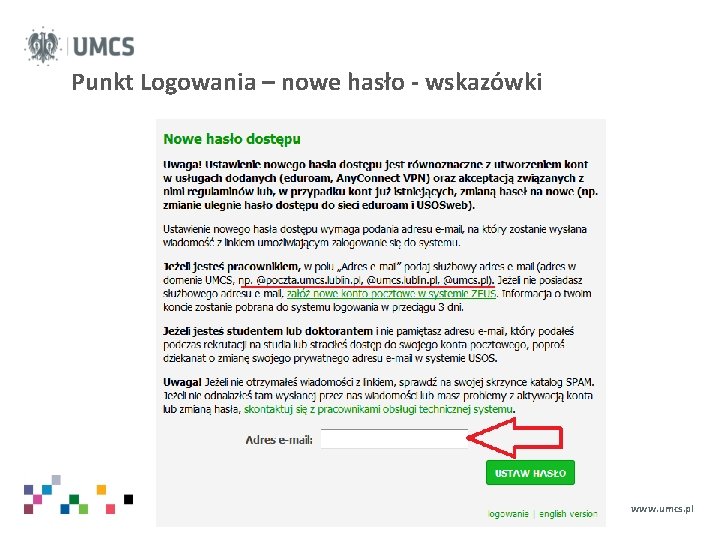 Punkt Logowania – nowe hasło - wskazówki www. umcs. pl 