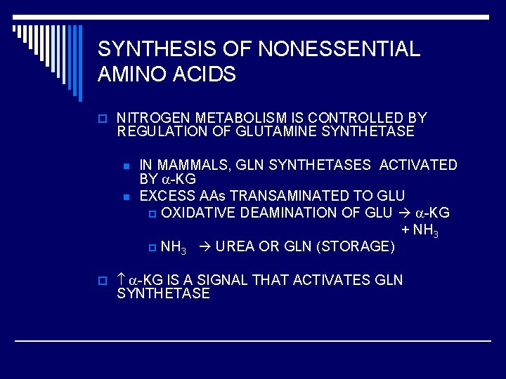 SYNTHESIS OF NONESSENTIAL AMINO ACIDS o NITROGEN METABOLISM IS CONTROLLED BY REGULATION OF GLUTAMINE