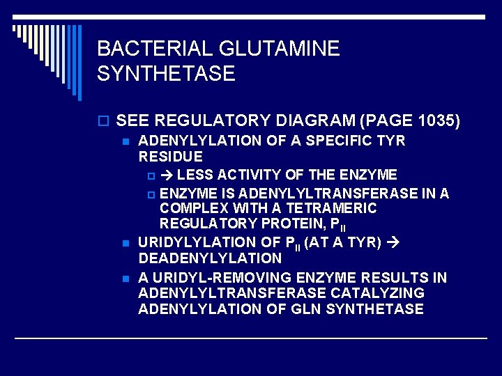 BACTERIAL GLUTAMINE SYNTHETASE o SEE REGULATORY DIAGRAM (PAGE 1035) n ADENYLYLATION OF A SPECIFIC