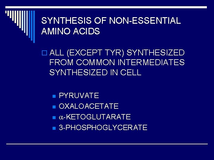 SYNTHESIS OF NON-ESSENTIAL AMINO ACIDS o ALL (EXCEPT TYR) SYNTHESIZED FROM COMMON INTERMEDIATES SYNTHESIZED