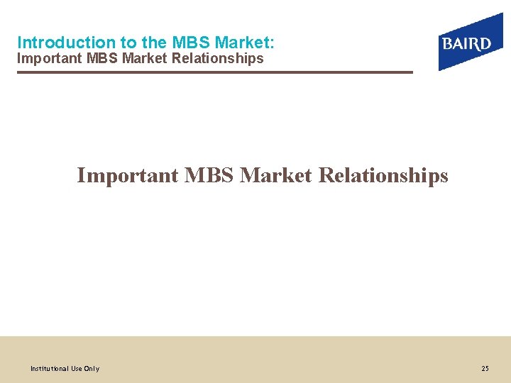 Introduction to the MBS Market: Important MBS Market Relationships Institutional Use Only 25 