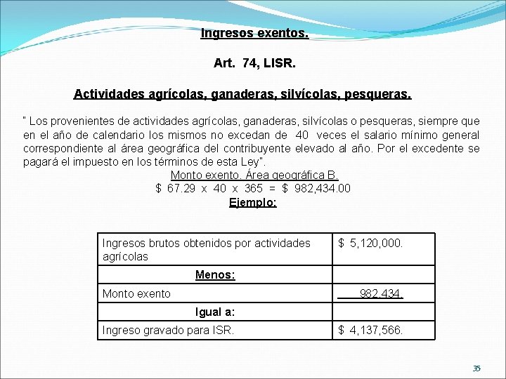 Ingresos exentos. Art. 74, LISR. Actividades agrícolas, ganaderas, silvícolas, pesqueras. “ Los provenientes de