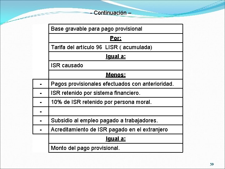 - Continuación – Base gravable para pago provisional Por: Tarifa del artículo 96 LISR