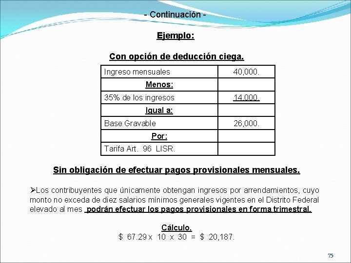 - Continuación Ejemplo: Con opción de deducción ciega. Ingreso mensuales 40, 000. Menos: 35%