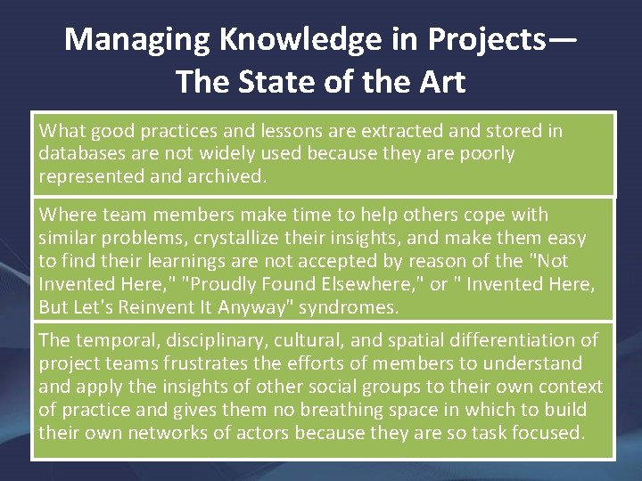 Managing Knowledge in Projects— The State of the Art What good practices and lessons