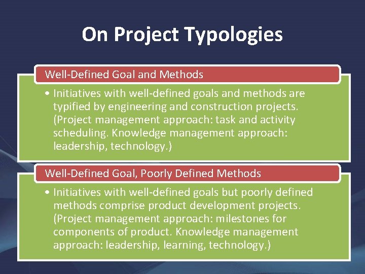 On Project Typologies Well-Defined Goal and Methods • Initiatives with well-defined goals and methods