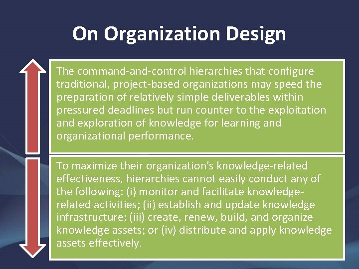 On Organization Design The command-control hierarchies that configure traditional, project-based organizations may speed the
