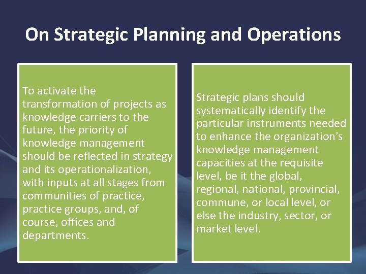 On Strategic Planning and Operations To activate the transformation of projects as knowledge carriers