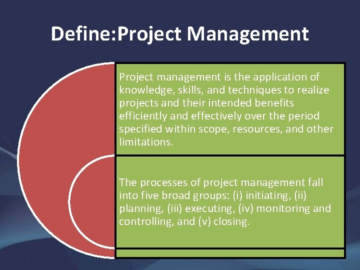 Define: Project Management Project management is the application of knowledge, skills, and techniques to