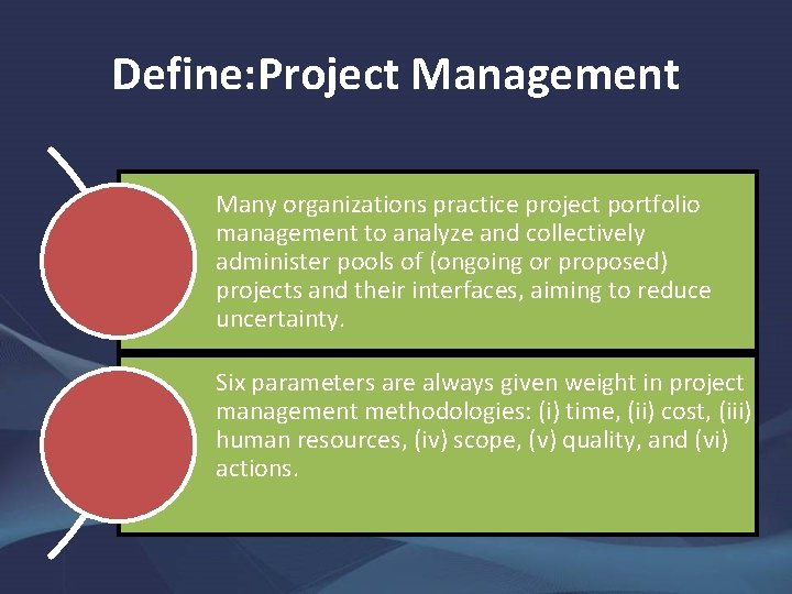 Define: Project Management Many organizations practice project portfolio management to analyze and collectively administer